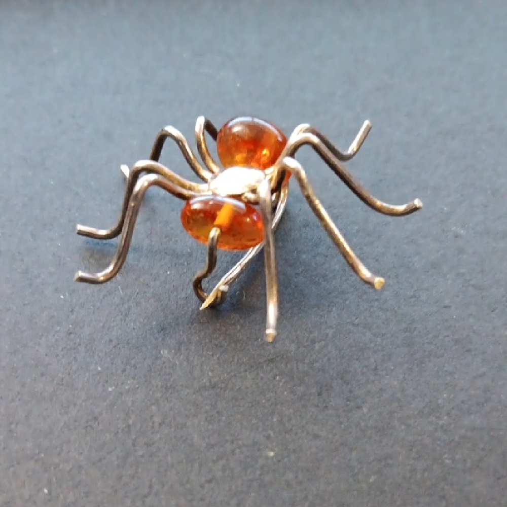 VTG Sterling Silver Baltic Amber Spider Brooch Pin - Picture 2 of 8